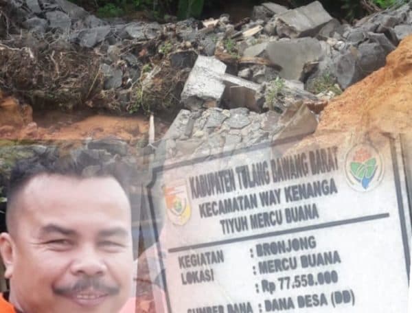 Diduga Kualitas &#8220;Buruk&#8221; Bronjongan Dana Desa Tiyuh Mercu Buana Porak Poranda Kena Hujan