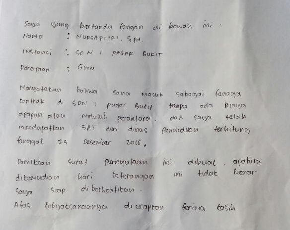 Geger, Bocornya Surat Pernyataan Guru Honorer Kab. Pesibar Ternyata Tak Dikenakan Biaya