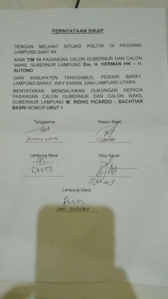 Tim 10 Herman &#8211; Sutono Lima Kabupaten Alihkan Dukungan Ke Ridho &#8211; Bakhtiar